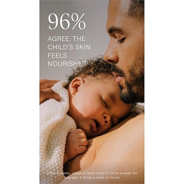 Baby is laying on fathers breast with text.
