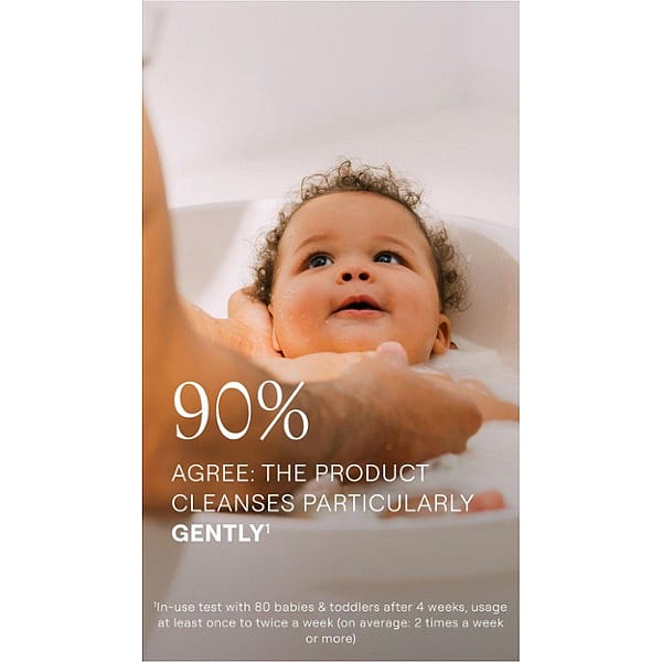 baby bathing and smiling with text.
