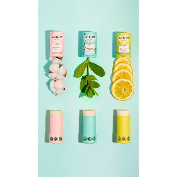 Deodorant Stick Citrus-Bergamot, Eucalyptus-Peppermint and sensitive opened with peppermint leaves, slices of lemon and almond blossoms.