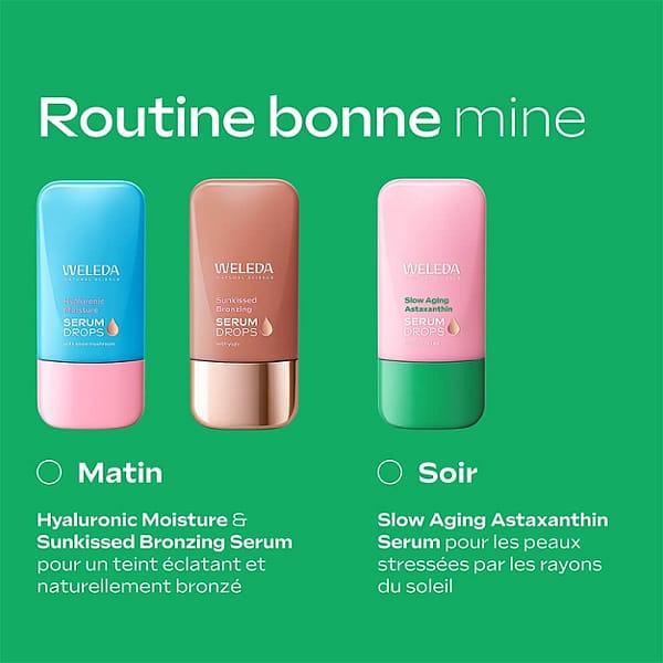 Routine bonne mine. Matin : Hyaluronic Moisture et Sunkissed Bronzing Serum pour un teint éclatant et naturellement bronzé. Soir : Slow Aging Astaxanthin Serum pour les peaux stressées par les rayons de soleil.