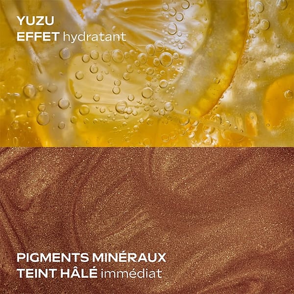 Yuzu : effet hydratant. Pigments minéraux : teint halé immédiat.