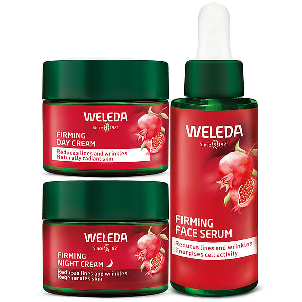 Pomegranate Face Care Day-Night Set with Firming Day-and Night Creme in a Jar and Firming Face Serum in a Dropper Bottle.