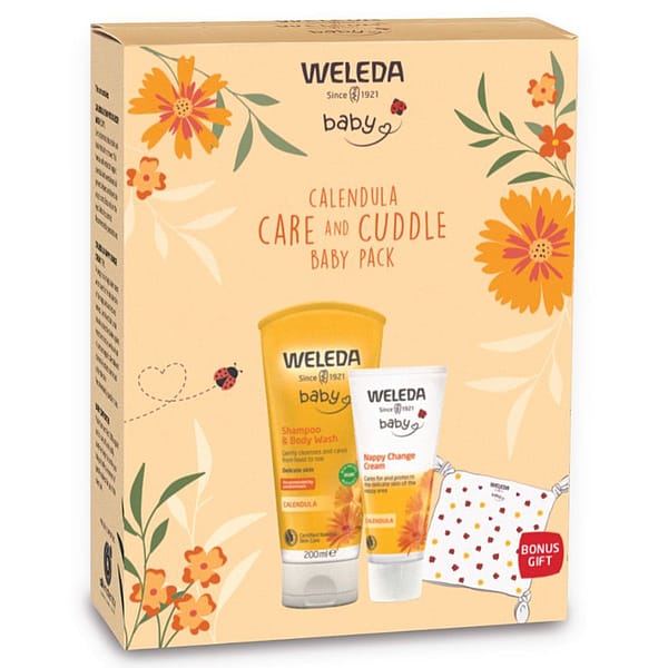 Calendula Care and Cuddle Baby Pack in a box with Shampoo and Bodywash, Nappy Change Cream and a Bonus Gift.
