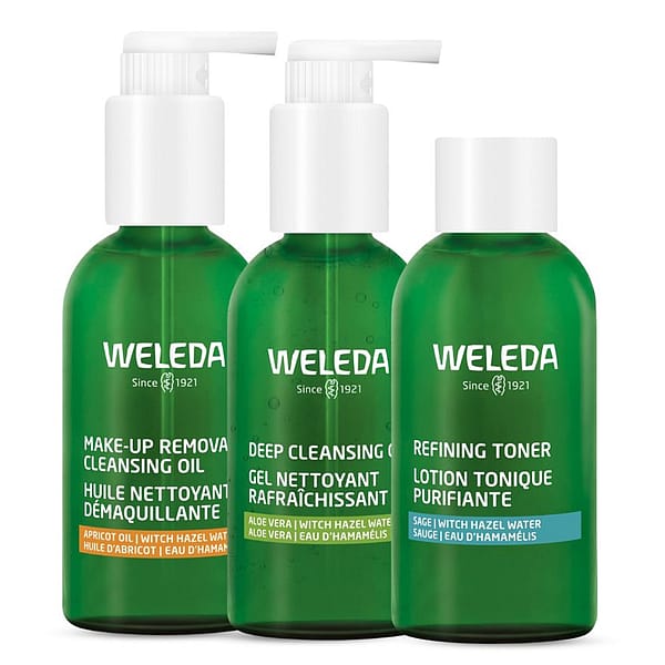Cleanse Tone Routine Set, contents Make Up Cleansing Oil and Deep Cleansing Oil in a pumnp bottle and Refining Toner in a bottle.