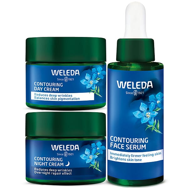 Contouring Face Care Day-Night Set of blue gentian with Contouring Day-and Night Creme in a Jar and Contouring face Serum in a Dropper Bottle.