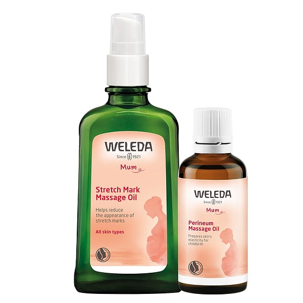 Pregnancy Essentials Set with Stretch Mark oil in a pump Bottle and Perineum Massage Oil in a Bottle.