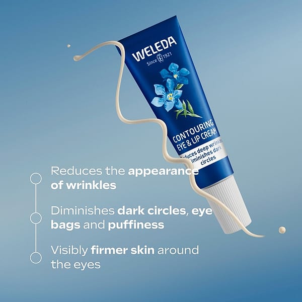 Contouring eye cream tube with cream texture swatch surrounded by efficacy data.