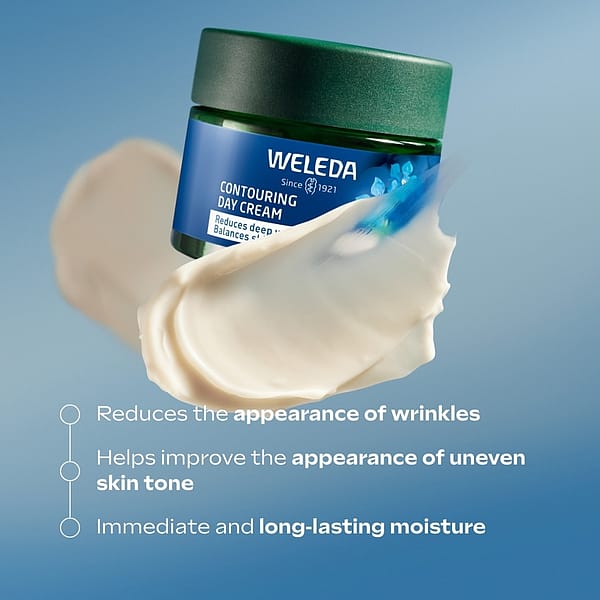 Contouring day cream jar with cream texture swatch surrounded by efficacy data.