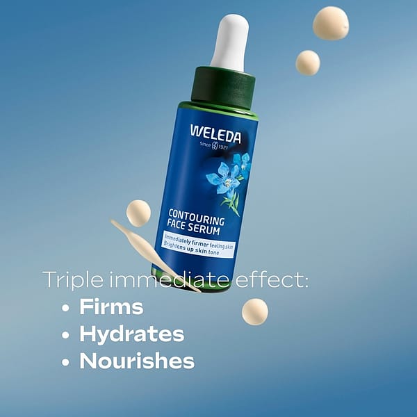 Contouring Serum bottle with serum texture droplets surrounded by efficacy data.