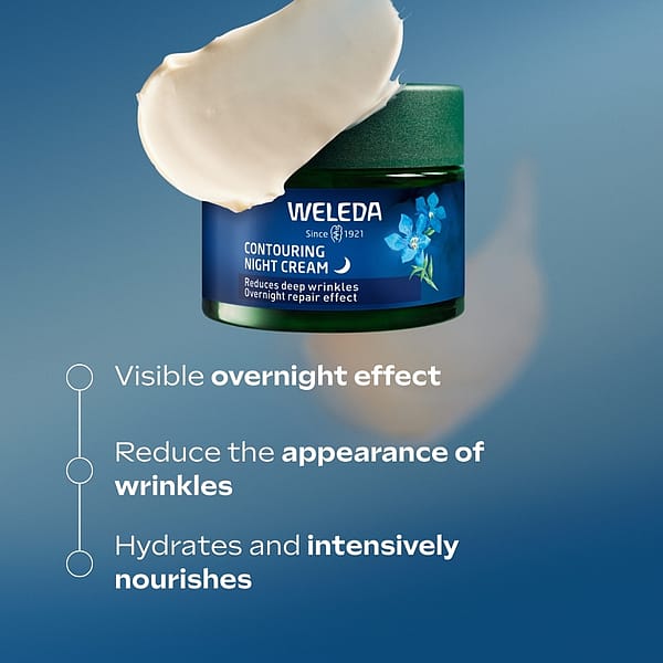 Contouring night cream jar with cream texture swatch surrounded by efficacy data.
