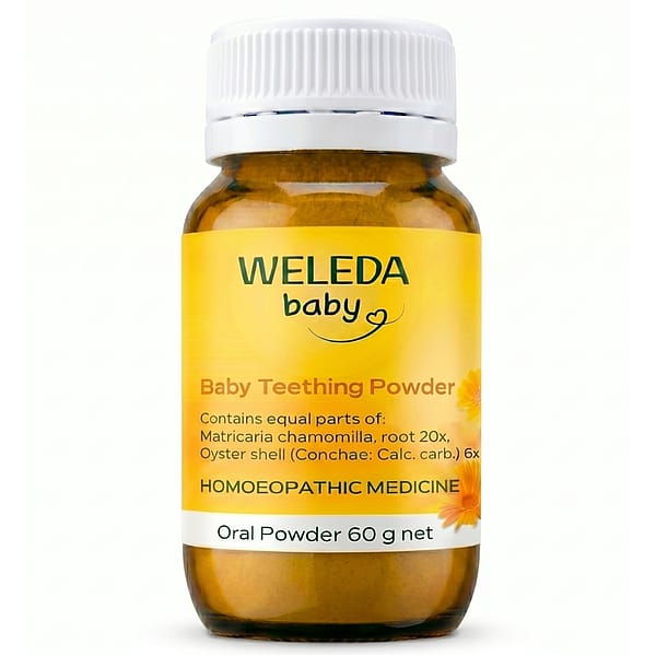 Weleda Baby Teething Powder60g bottle with yellow label, white cap, and ingredient details including Matricaria chamomilla and oyster shell. Homoeopathic medicine for babies.