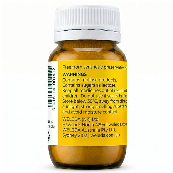 Back view of Weleda Baby Teething Powder60g bottle showing yellow label with warnings, storage instructions, and manufacturer details.