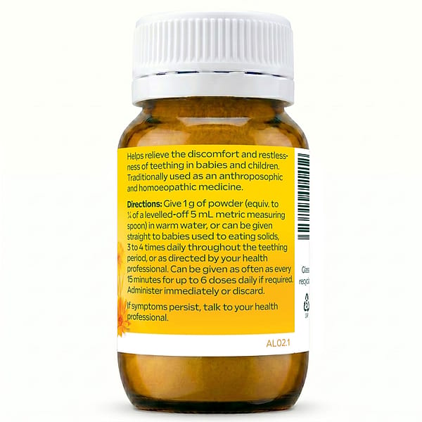 Side view of Weleda Baby Teething Powder 60g bottle showing yellow label with directions of use.