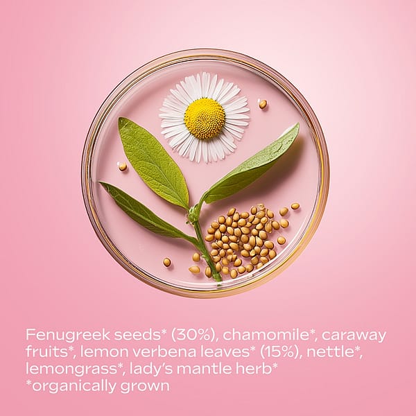 A round glass dish is placed on a soft pink background, containing a selection of organic tea ingredients. Inside the dish are fenugreek seeds, a chamomile flower, and green leaves representing lemon verbena and other herbs. The arrangement is visually appealing and highlights the natural, organically grown components. Below the dish, text lists the ingredients: fenugreek seeds (30%), chamomile, caraway fruits, lemon verbena leaves (15%), nettle, lemongrass, and lady’s mantle herb, all organically grown.