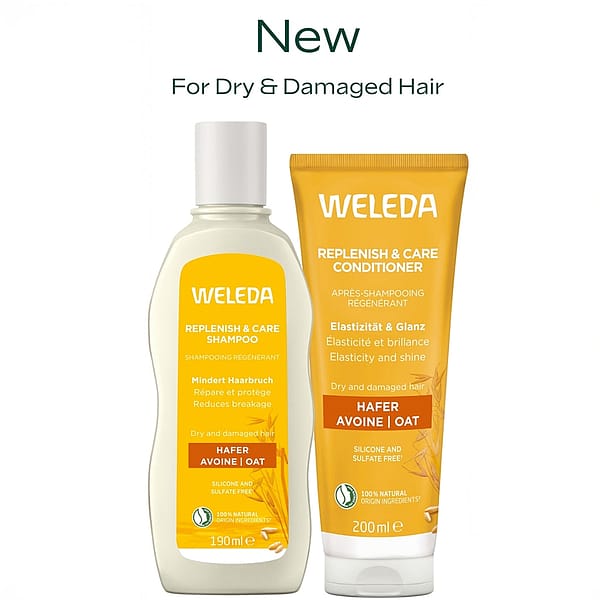 Weleda Replenish & Care Shampoo and Conditioner for dry and damaged hair, featuring oat as a key ingredient. Both products are silicone and sulfate free, made with100% natural origin ingredients, and shown in yellow and white packaging with "New For Dry & Damaged Hair" text above.