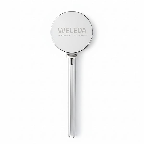Metal tube squeezer key with Weleda Natural Science branding, tool for efficiently dispensing skincare or toothpaste from tubes.