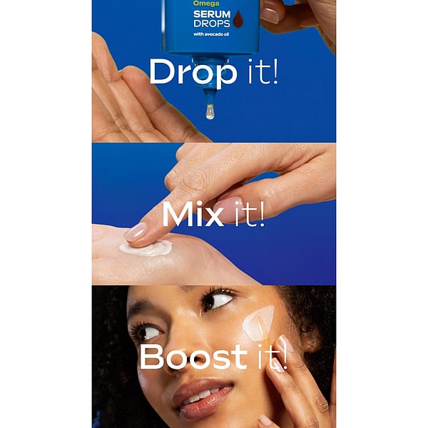 Step-by-step application of Weleda Extra Rich Omega Serum Booster Drops: dropping serum onto hand, mixing with moisturizer, and applying to face for boosted hydration and radiant skin.