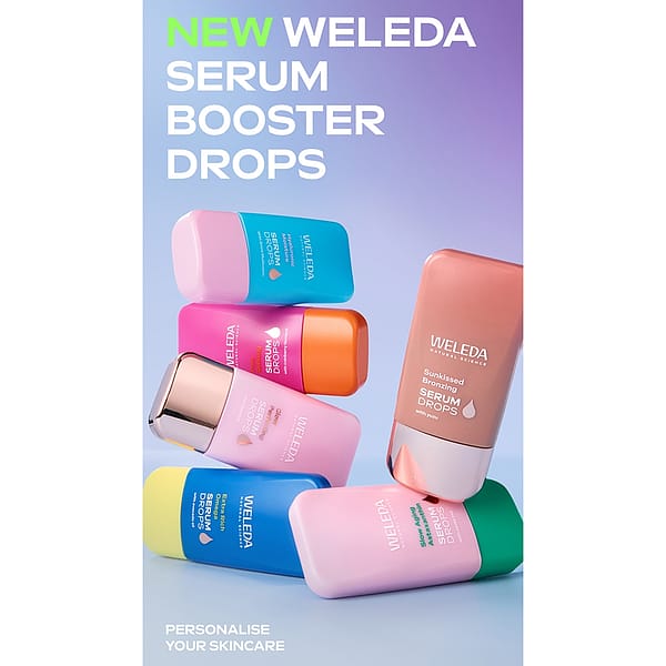 NEW Weleda Serum Booster Drops collection featuring colorful bottles of Hyaluronic Moisture, Glow Perfecting, Extra Rich Omega, and Sunkissed Bronzing serums for personalized skincare