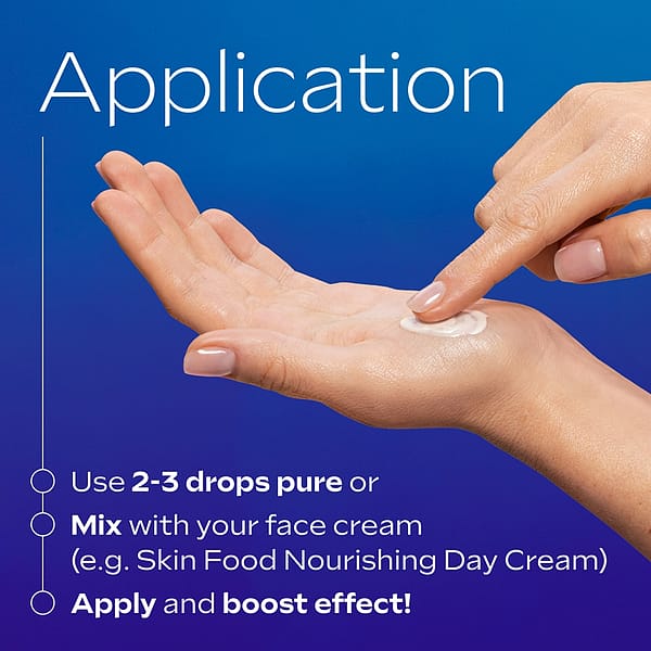 How to apply Weleda Extra Rich Omega Serum Booster Drops: hand showing 2-3 drops mixed with face cream for enhanced skin hydration and nourishment.