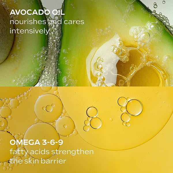 Macro image of avocado oil and omega 3-6-9 fatty acids, key ingredients in Weleda Extra Rich Omega Serum Booster Drops, nourishing and strengthening the skin barrier.