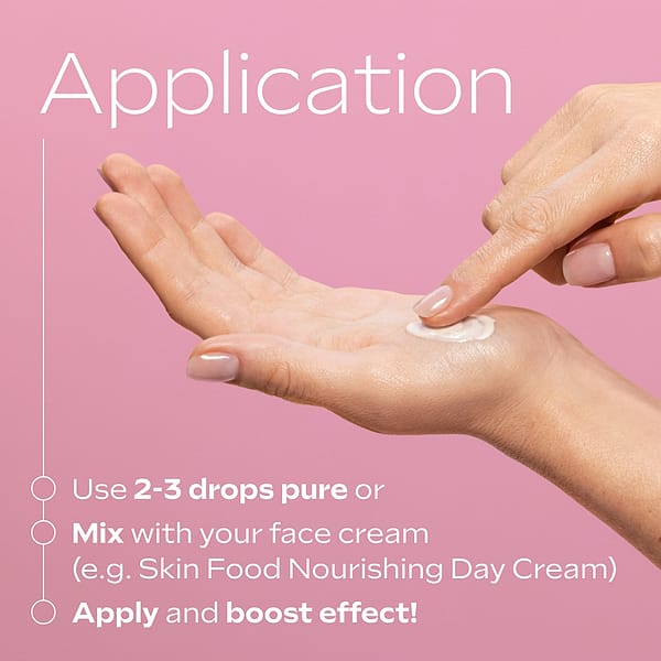 Hand demonstrating how to apply Glow-Perfecting Serum Booster Drops by using 2-3 drops pure or mixing with face cream, for enhanced skin hydration and radiance.