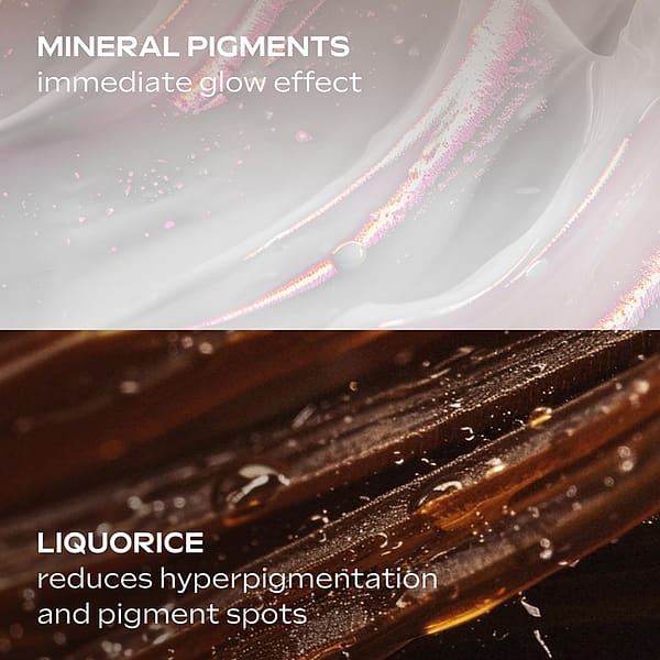 Glow-Perfecting Serum Booster Drops ingredients: mineral pigments for immediate glow effect and liquorice extract to reduce hyperpigmentation and pigment spots.