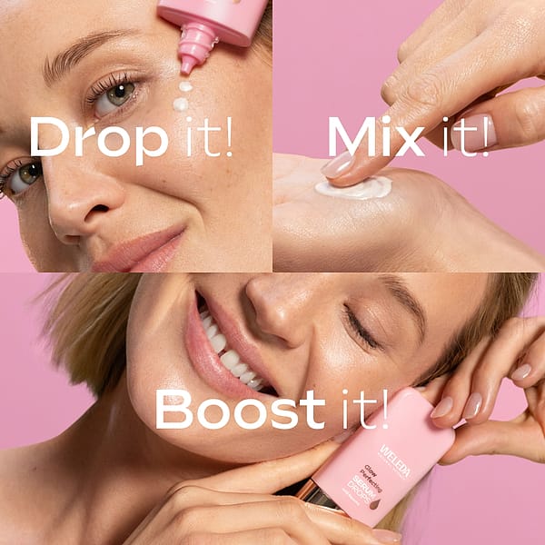 Application of Glow-Perfecting Serum Booster Drops: drop serum onto skin, mix with moisturiser, and boost radiance for glowing, healthy-looking skin.