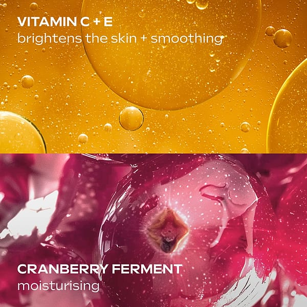 Key ingredients in Pore-Refining Vitamin C Serum Booster Drops: stabilized vitamin C for brightening, cranberry ferment for antioxidant protection, and niacinamide for refining pores and improving skin texture.