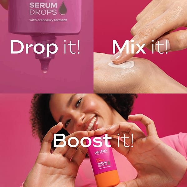 Step-by-step application of Pore-Refining Vitamin C Serum Booster Drops: drop serum onto hand, mix with moisturiser, and apply to face for brighter, smoother, and refined skin.