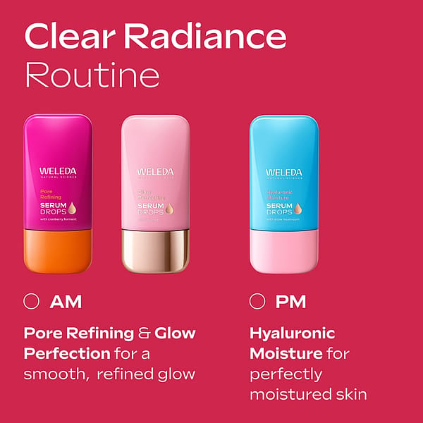 ustralian English: "Clear Radiance skincare routine featuring Weleda Pore-Refining Vitamin C Serum Booster Drops and Glow Perfecting Serum Drops for morning use, and Hyaluronic Moisture Serum Drops for evening use, for smooth, refined, and hydrated skin.