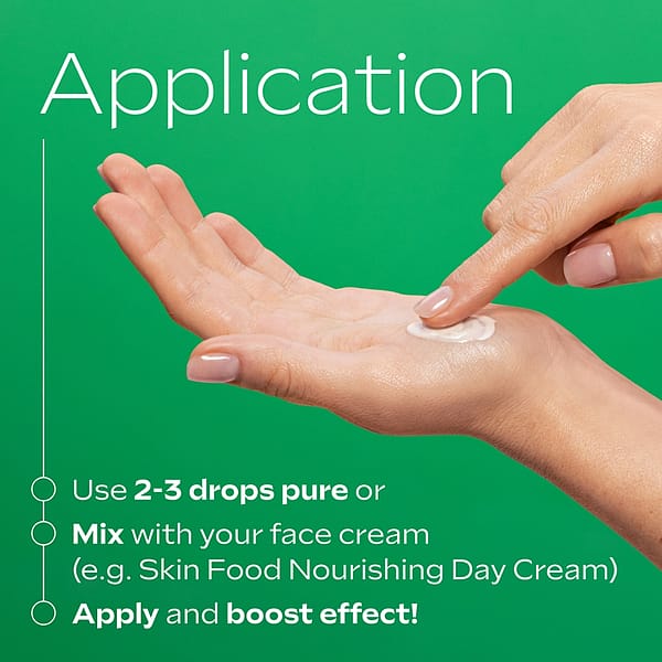 Step-by-step application of Pore-Refining Vitamin C Serum Booster Drops: use 2-3 drops pure or mix with face cream, then apply to skin for refined pores and a radiant complexion.