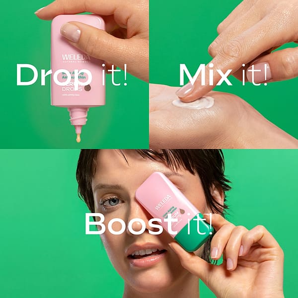 Step-by-step application of Slow-Ageing Astaxanthin Serum Booster Drops: drop serum onto skin, mix with moisturiser, and apply to boost skin’s radiance and slow visible signs of ageing.