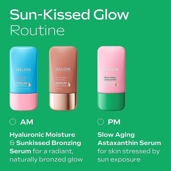 Sun-Kissed Glow skincare routine featuring Weleda Hyaluronic Moisture and Sunkissed Bronzing Serum Drops for morning use, and Slow-Ageing Astaxanthin Serum Drops for evening use, for radiant, bronzed, and healthy skin.