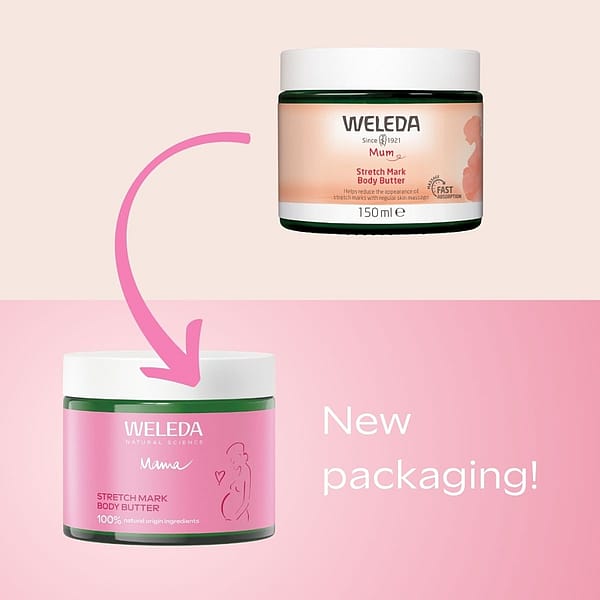 Comparison of Weleda Stretch Mark Body Butter old and new packaging.