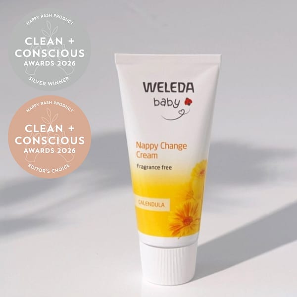 Weleda Baby Calendula Nappy Change Cream (Fragrance Free), winner of Clean + Conscious Awards 2026 for nappy rash products, provides gentle, natural protection for sensitive baby skin.