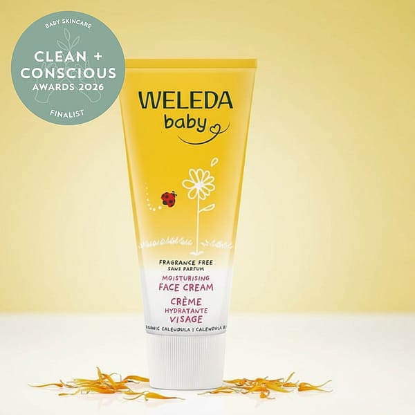Award-winning Weleda Baby Calendula Fragrance-Free Moisturising Face Cream, finalist in the Clean + Conscious Awards2026, ideal for gentle and natural baby skincare.