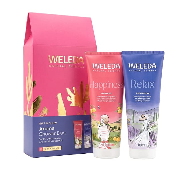 Gift & Glow Aroma Shower Duo by Weleda – natural shower gel and cream set with mood-lifting grapefruit and soothing lavender for a refreshing and relaxing shower experience.