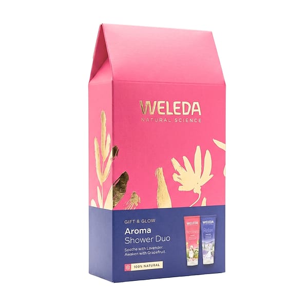 Gift & Glow Aroma Shower Duo by Weleda –100% natural shower set featuring Happiness and Relax shower gels with uplifting grapefruit and calming lavender aromas, perfect for gifting and self-care.