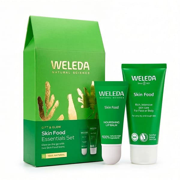 Gift & Glow Skin Food Essentials Set by Weleda – natural skincare gift set including nourishing lip balm and rich Skin Food cream for glowing, hydrated skin.