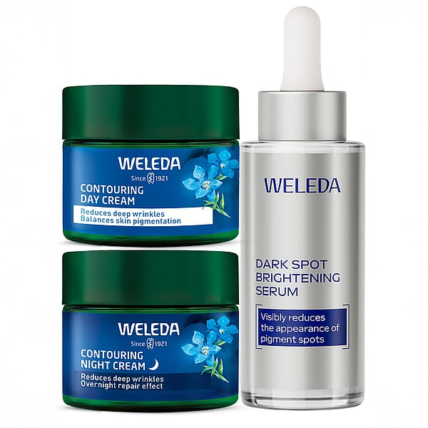 Contouring & Dark Spot Face Care Set featuring Weleda Contouring Day Cream, Contouring Night Cream, and Dark Spot Brightening Serum—reduces deep wrinkles, balances skin pigmentation, and visibly diminishes pigment spots for radiant, healthy skin.