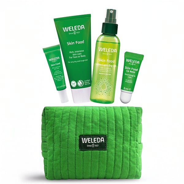 Discover the Weleda Skin Food Prep & Go Set, featuring nourishing skincare essentials and a vibrant green travel pouch—perfect for hydrating dry skin and maintaining a healthy glow on the go.