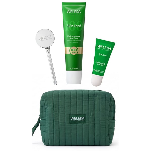 Weleda Skin Food Limited Edition set includes Skin Food 100ml, Skin Food Lip Balm, dark green organic cotton toiletry bag and tube squeezer key.