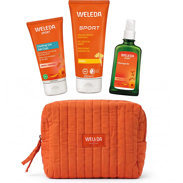 Arnica Sport Body Care Set contains Arnica Massage Oil, Sport Shower Gel and Cooling Gel with a orange toiletry bag.