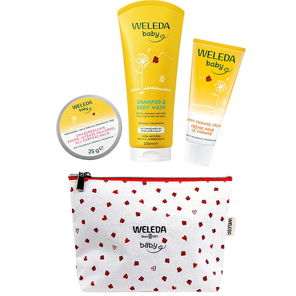 Calendula Baby Gift set contains toiletry bag with lady birds, Calendula Nappy Change Cream, Body Wash and All Purpose balm for on-the-go skincare.