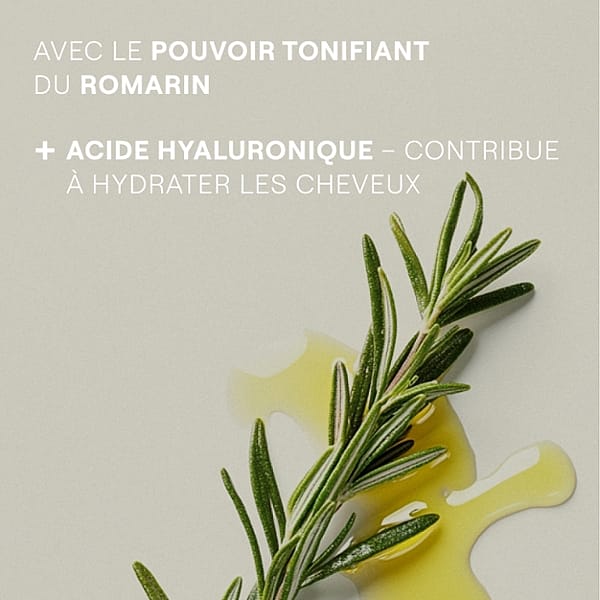 Avec le pouvoir tonifiant du romarin + acide hyaluronique, contribue à hydrater les cheveux