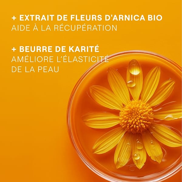 Bénéfices de l'arnica. Extrait de fleurs d'arnica bio aide à la récupération. Beurre de karité améliore l'élasticité de la peau.