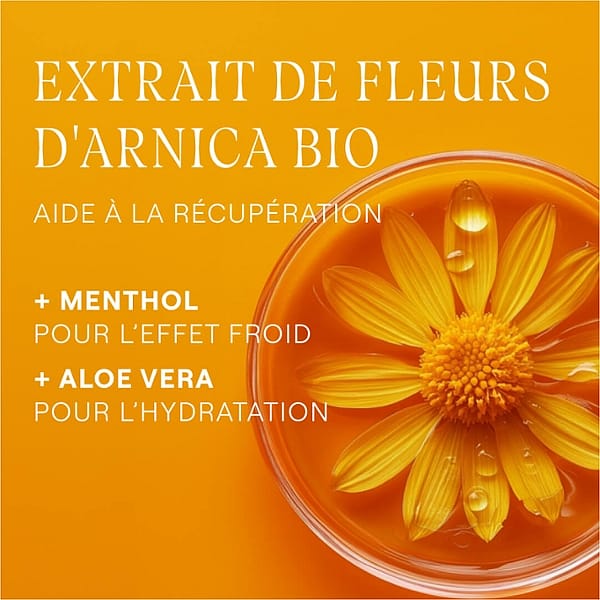 Bénéfices de l'arnica bio. Extrait de fleurs d'arnica bio. Aide à la récupération. Menthol pour l'effet froid. Aloe vera pour l'hydratation.