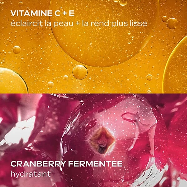 Vitamine C + E : éclaircit la peau + la rend plus lisse. Cranberry fermentée : hydratant