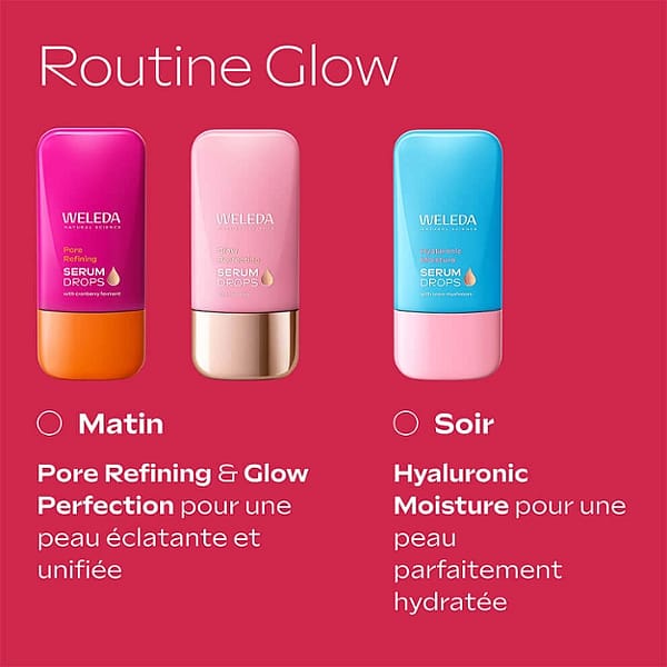 Routine glow. Matin : Pore refining et glow perfection pour une peau éclatante et unifiée. Soir : Hyaluronic moisture pour une peau parfaitement hydratée.
