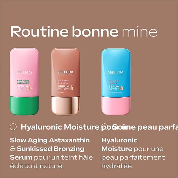 Routine bonne mine. Matin : Slow aging astaxanthin and sunkissed bronzing serum pour un teint hâlé éclatant naturel. Soir : Hyaluronic Moisture pour une peau parfaitement hydratée.